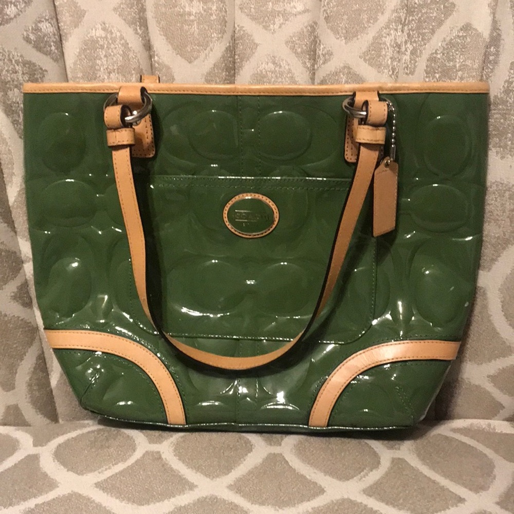 Coach bag, Green patten leather with tan straps